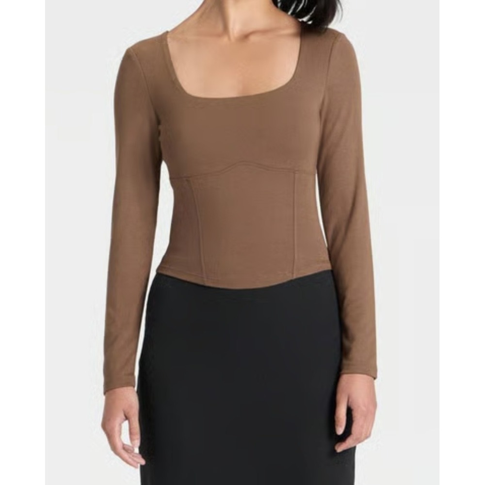 Women's Slim Fit Long Sleeve Corset Top - A New Day Size XL brown